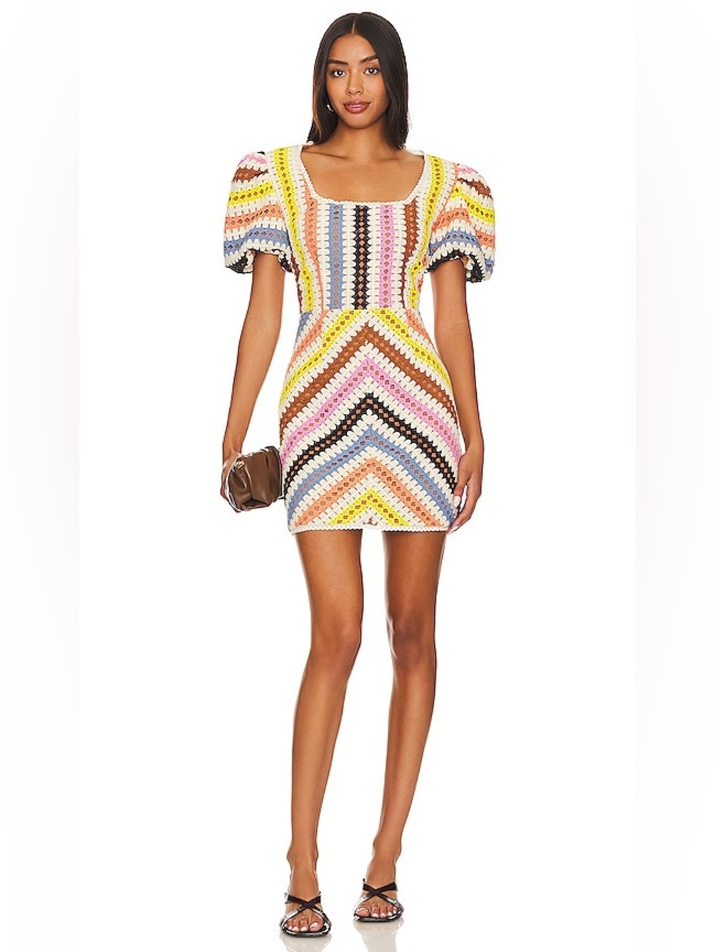 ELLIATT Labassa Crochet Puff Sleeve Mini Dress Rainbow Striped Chevron NWT XXS